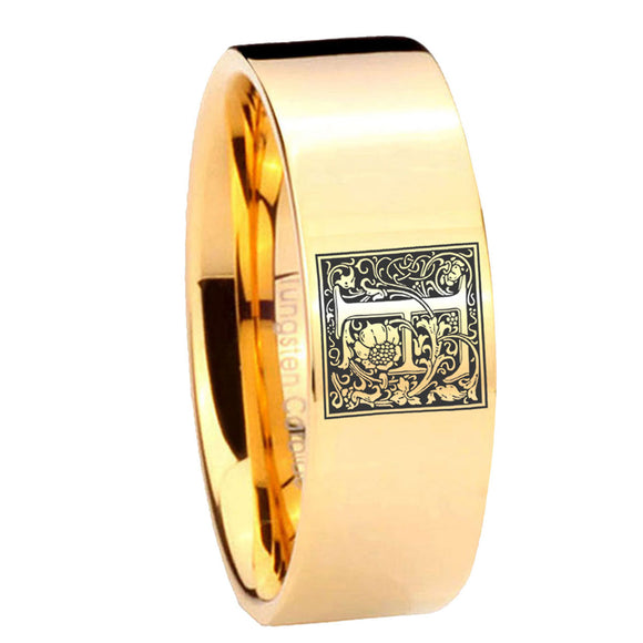 8mm-Pipe-Cut-Gold-Tungsten-Floral-Initial-Letter-F,-Monogram-Ring