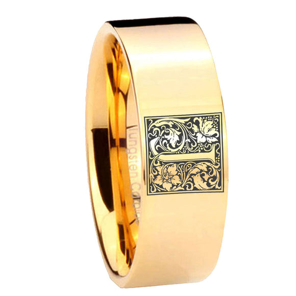 8mm-Pipe-Cut-Gold-Tungsten-Floral-Initial-Letter-J,-Monogram-Ring