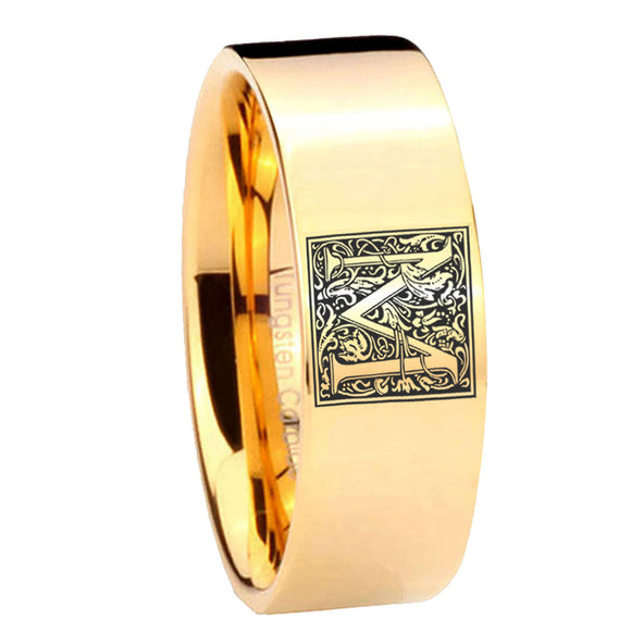 8mm-Pipe-Cut-Gold-Tungsten-Floral-Initial-Letter-M,-Monogram-Ring