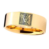 8mm-Pipe-Cut-Gold-Tungsten-Floral-Initial-Letter-M,-Monogram-Ring