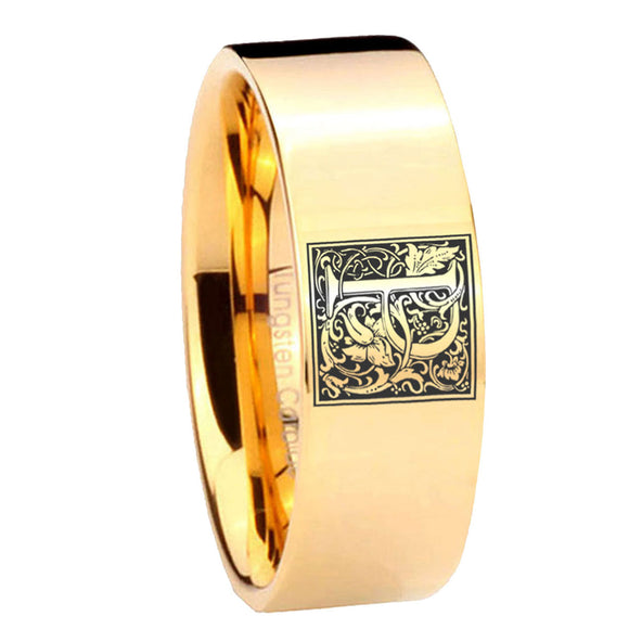 8mm-Pipe-Cut-Gold-Tungsten-Floral-Initial-Letter-P,-Monogram-Ring