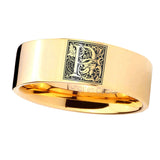 8mm-Pipe-Cut-Gold-Tungsten-Floral-Initial-Letter-P,-Monogram-Ring