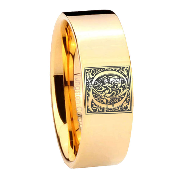 8mm-Pipe-Cut-Gold-Tungsten-Floral-Initial-Letter-Q,-Monogram-Ring