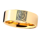 8mm-Pipe-Cut-Gold-Tungsten-Floral-Initial-Letter-Q,-Monogram-Ring