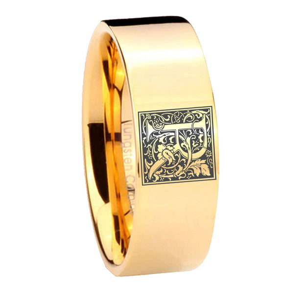 8mm-Pipe-Cut-Gold-Tungsten-Floral-Initial-Letter-R,-Monogram-Ring