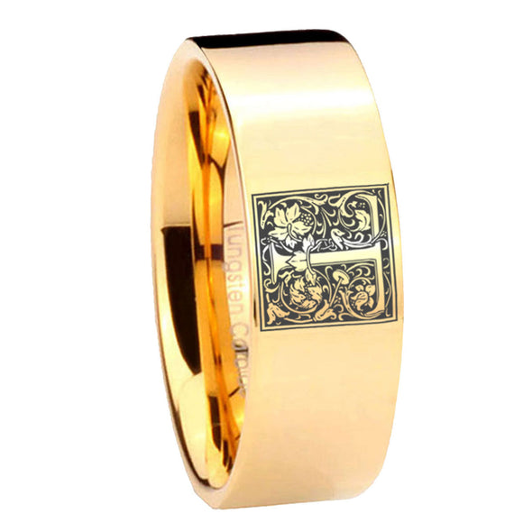 8mm-Pipe-Cut-Gold-Tungsten-Floral-Initial-Letter-T,-Monogram-Ring