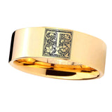 8mm-Pipe-Cut-Gold-Tungsten-Floral-Initial-Letter-T,-Monogram-Ring