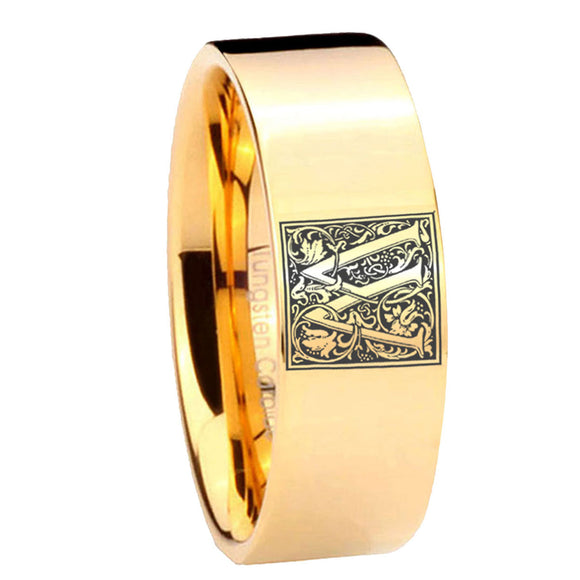 8mm-Pipe-Cut-Gold-Tungsten-Floral-Initial-Letter-W,-Monogram-Ring