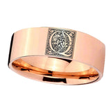 8mm-Pipe-Cut-Rose-Gold-Tungsten-Floral-Initial-Letter-Q,-Monogram-Wedding-Ring