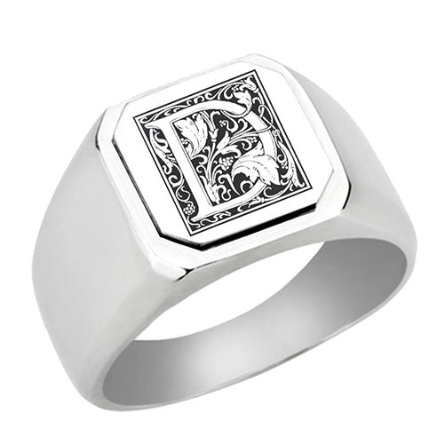 Stainless-Steel-Signet-Men-Ring,-Floral-Initial-Letter-D,-Monogram-Wedding-Bands