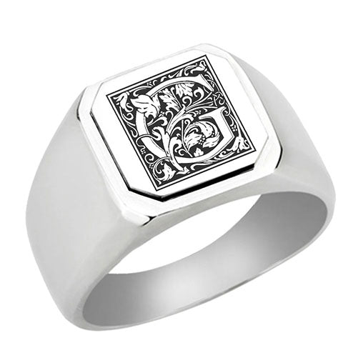 Stainless-Steel-Signet-Men-Ring,-Floral-Initial-Letter-G,-Monogram-Wedding-Bands