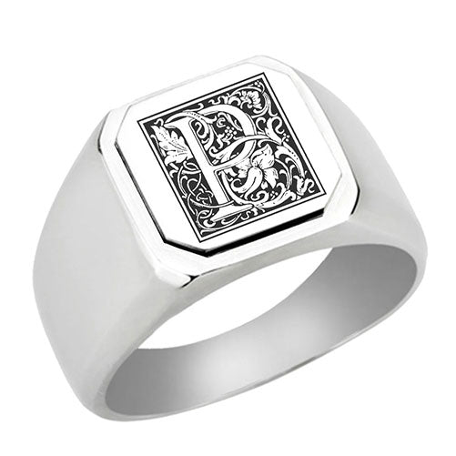 Stainless-Steel-Signet-Men-Ring,-Floral-Initial-Letter-P,-Monogram-Wedding-Bands