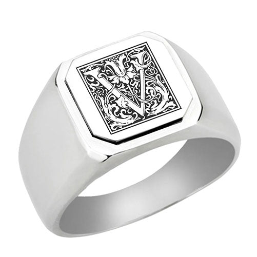 Stainless-Steel-Signet-Men-Ring,-Floral-Initial-Letter-V,-Monogram-Wedding-Bands