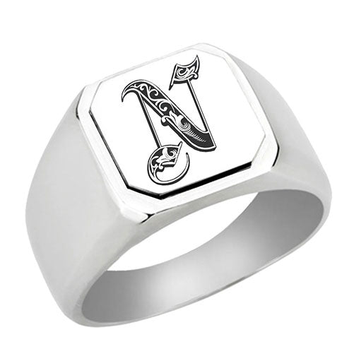 Stainless-Steel-Signet-Rings,-Royal-Font-Initial-N,-Monogram-Mens-Wedding-Band