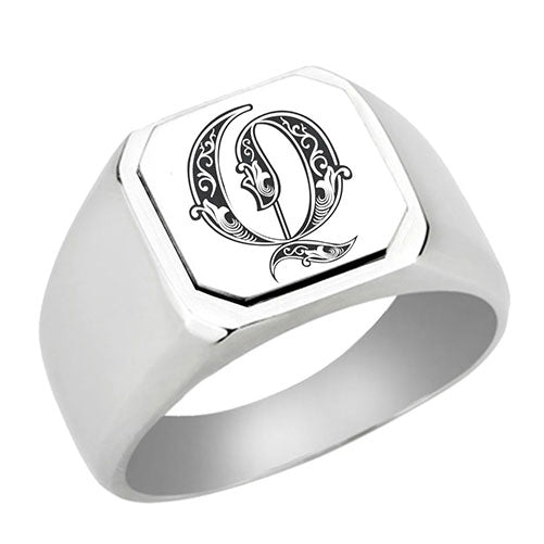 Stainless-Steel-Signet-Rings,-Royal-Font-Initial-Q,-Monogram-Mens-Wedding-Band