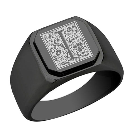 Stainless-Steel-Signet-Men-Ring,-Floral-Initial-Letter-I,-Monogram-Wedding-Bands
