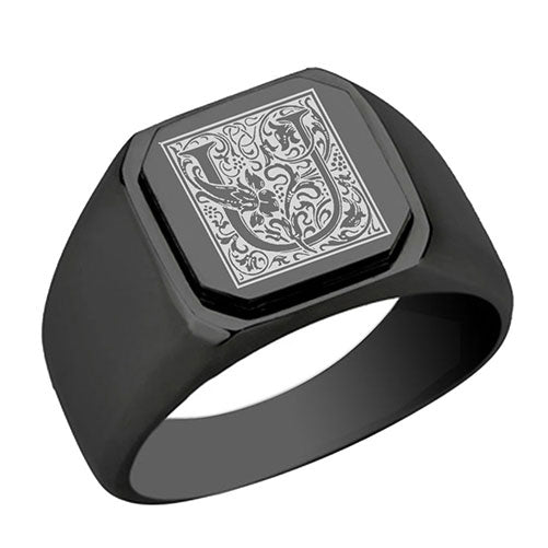 Stainless-Steel-Signet-Men-Ring,-Floral-Initial-Letter-U,-Monogram-Wedding-Bands