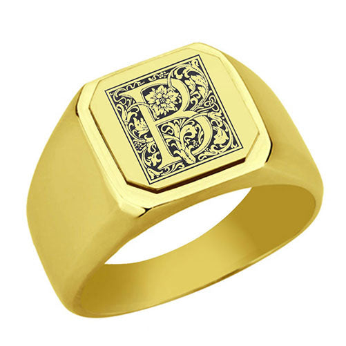 Stainless-Steel-Signet-Men-Ring,-Floral-Initial-Letter-B,-Monogram-Wedding-Bands