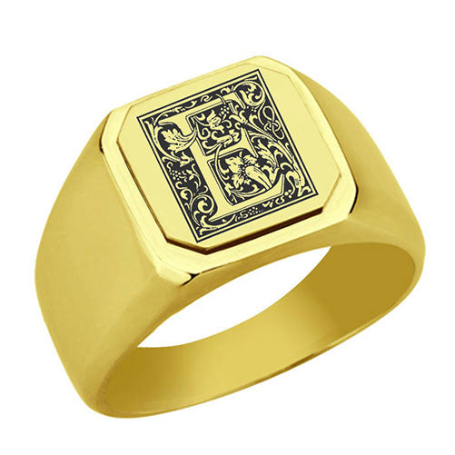 Stainless-Steel-Signet-Men-Ring,-Floral-Initial-Letter-E,-Monogram-Wedding-Bands