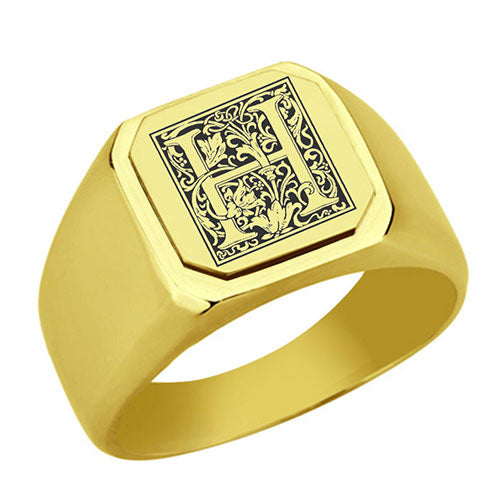 Stainless-Steel-Signet-Men-Ring,-Floral-Initial-Letter-H,-Monogram-Wedding-Bands