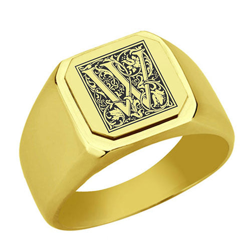 Stainless-Steel-Signet-Men-Ring,-Floral-Initial-Letter-W,-Monogram-Wedding-Bands
