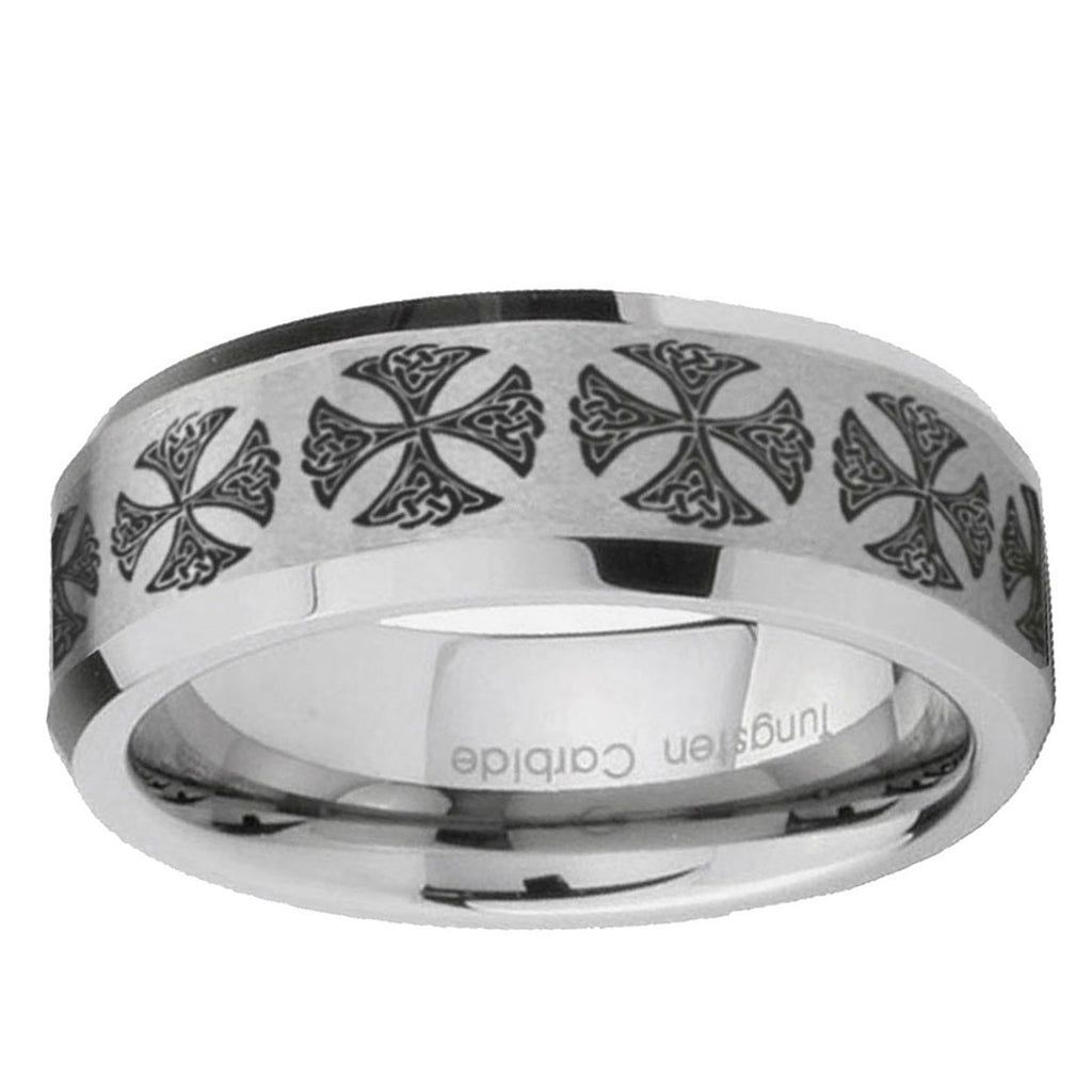 6MM medieval cross Beveled Brushed Gray Tungsten Wedding Band For Men