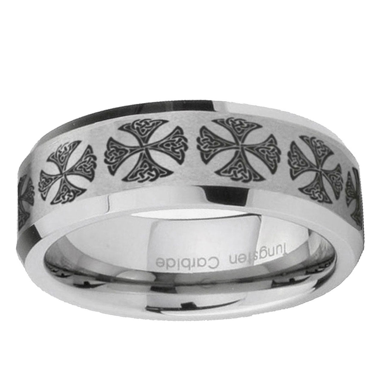 6MM medieval cross Beveled Brushed Gray Tungsten Wedding Band For Men