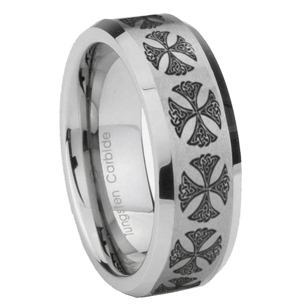 8MM Medieval Cross Beveled Brushed Gray Tungsten Wedding Band For Men