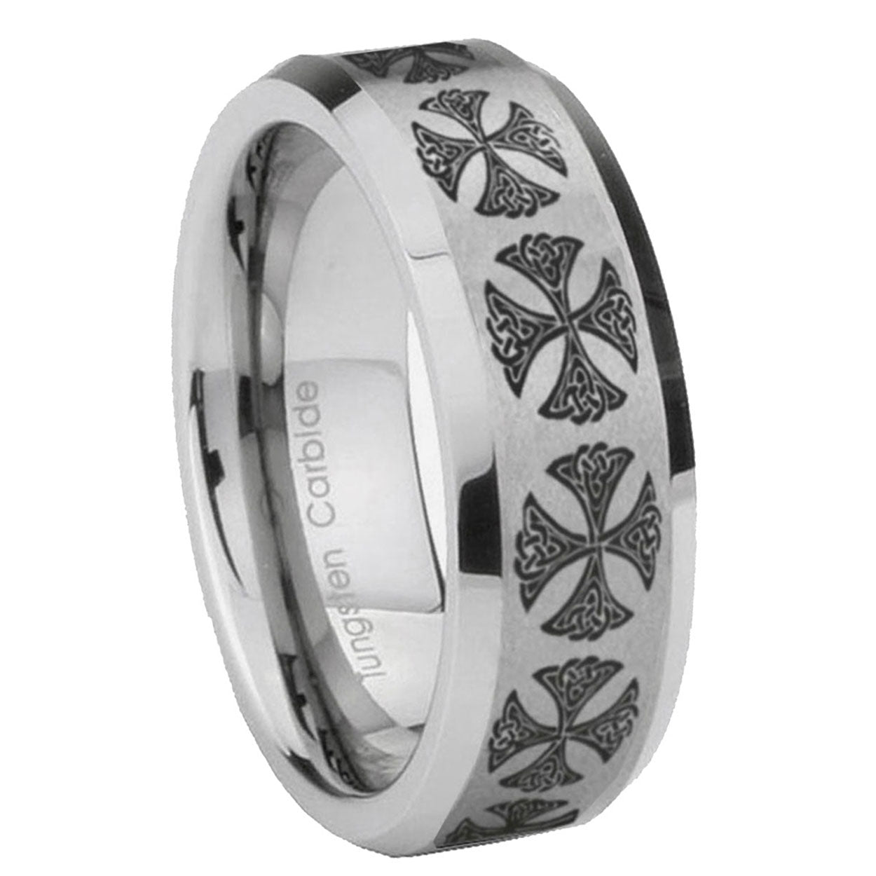 8MM Medieval Cross Beveled Brushed Gray Tungsten Wedding Band For Men
