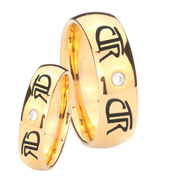 Bride and Groom CTR Dome Gold Tungsten Carbide CZ Mens Ring Engraved Set