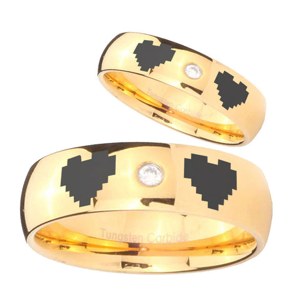 Bride and Groom Zelda Heart Dome Gold Tungsten Carbide CZ Mens Ring Set