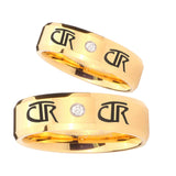 Bride and Groom CTR Beveled Edges Edges Gold Tungsten Carbide CZ Mens Ring Set