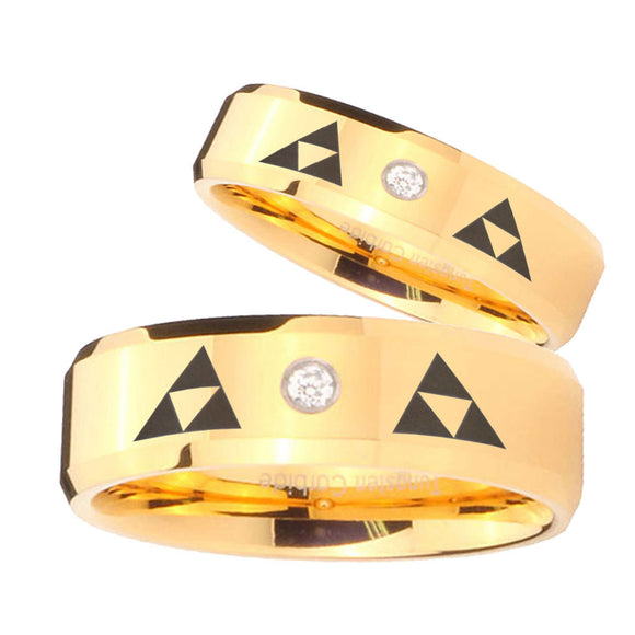 His Hers Triangle Zelda Beveled Edges Gold Tungsten CZ Men's Promise Rings Set