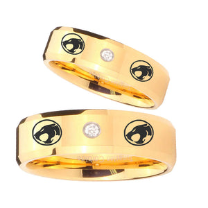 His Hers Thundercats Beveled Edges Gold Tungsten CZ Men's Wedding Band Set