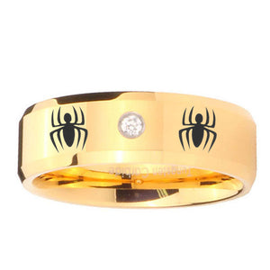 8mm Spiderman Beveled Edges Gold Tungsten Carbide CZ Men's Band Ring