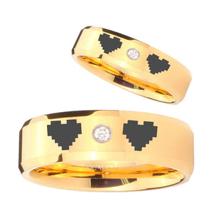 His Hers Zelda Heart Beveled Edges Gold Tungsten CZ Mens Promise Ring Set