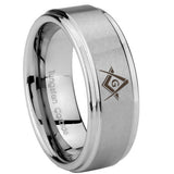8mm Freemason Masonic Step Edges Brushed Tungsten Carbide Mens Wedding Band