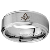 10mm Freemason Masonic Step Edges Brushed Tungsten Carbide Engraved Ring