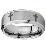 10mm Crosses Step Edges Brushed Tungsten Carbide Mens Anniversary Ring