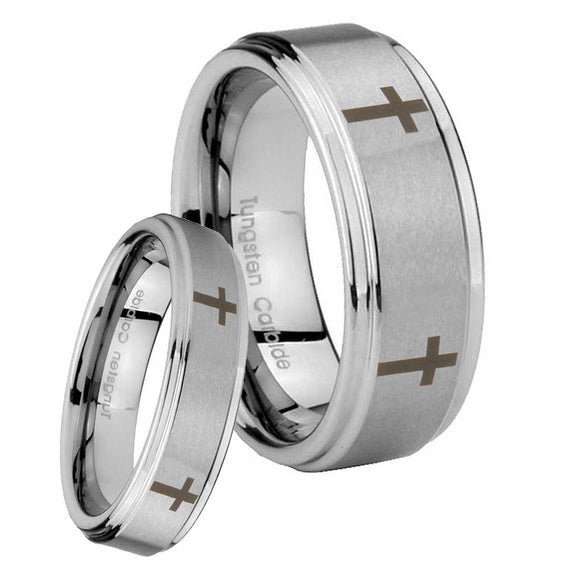 Bride and Groom Crosses Step Edges Brushed Tungsten Carbide Engagement Ring Set