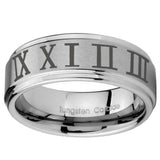 8mm Roman Numeral Step Edges Brushed Tungsten Carbide Custom Mens Ring
