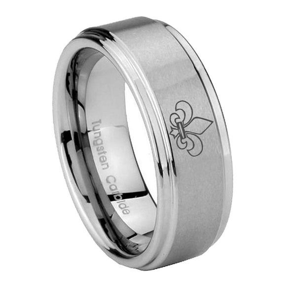 10mm Fleur De Lis Step Edges Brushed Tungsten Carbide Men's Wedding Ring