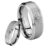 His Hers Fleur De Lis Step Edges Brushed Tungsten Men's Wedding Band Set