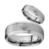 His Hers Fleur De Lis Step Edges Brushed Tungsten Men's Wedding Band Set