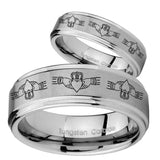 His Hers Irish Claddagh Step Edges Brushed Tungsten Mens Ring Engraved Set