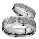 His Hers Celtic Cross Step Edges Brushed Tungsten Mens Ring Personalized Set