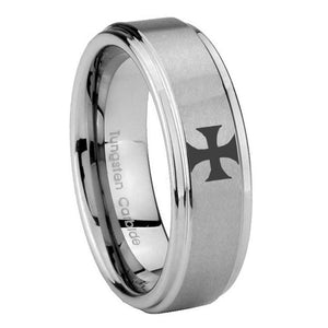 8mm Maltese Cross Step Edges Brushed Tungsten Carbide Men's Band Ring