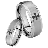 His and Hers Maltese Cross Step Edges Brushed Tungsten Mens Wedding Ring Set