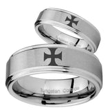 His and Hers Maltese Cross Step Edges Brushed Tungsten Mens Wedding Ring Set