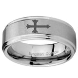 8mm Christian Cross Step Edges Brushed Tungsten Carbide Men's Bands Ring